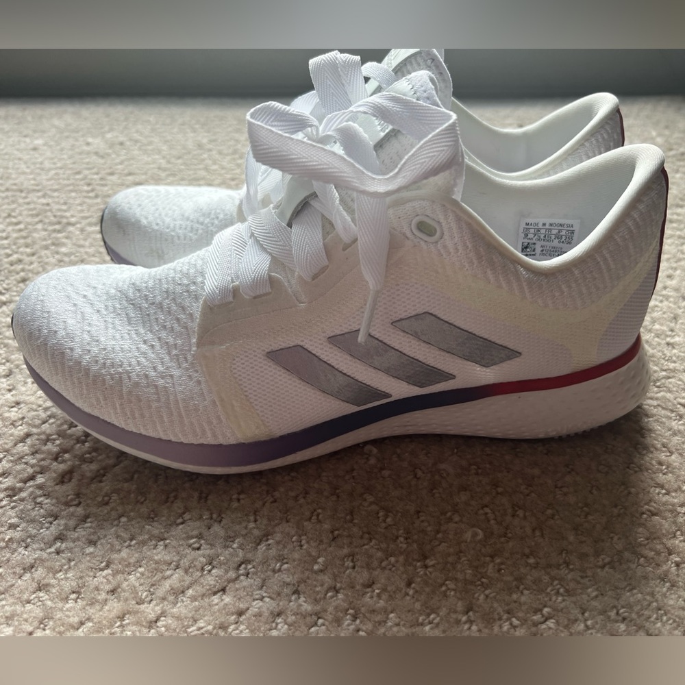 Adidas White Sneakers with Purple and Red Accents Size 9
